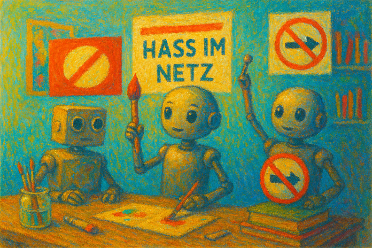 Illustration »Schule der Roboter« gegen Hass im Netz